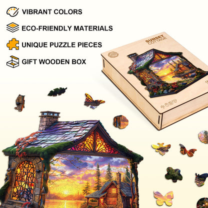 Verträumtes Holzpuzzle – Sonnenuntergang-Häuschen