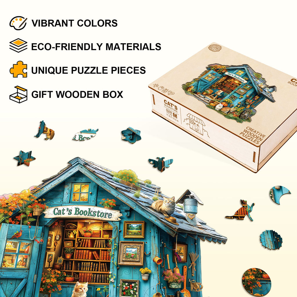 Whimsical Wooden Jigsaw Puzzle- Cat's Bookstore