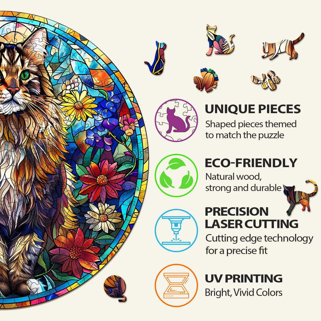 Whimsical Wooden Jigsaw Puzzle- Stained Glass Maine Coon