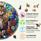 Whimsical Wooden Jigsaw Puzzle- Stained Glass Maine Coon