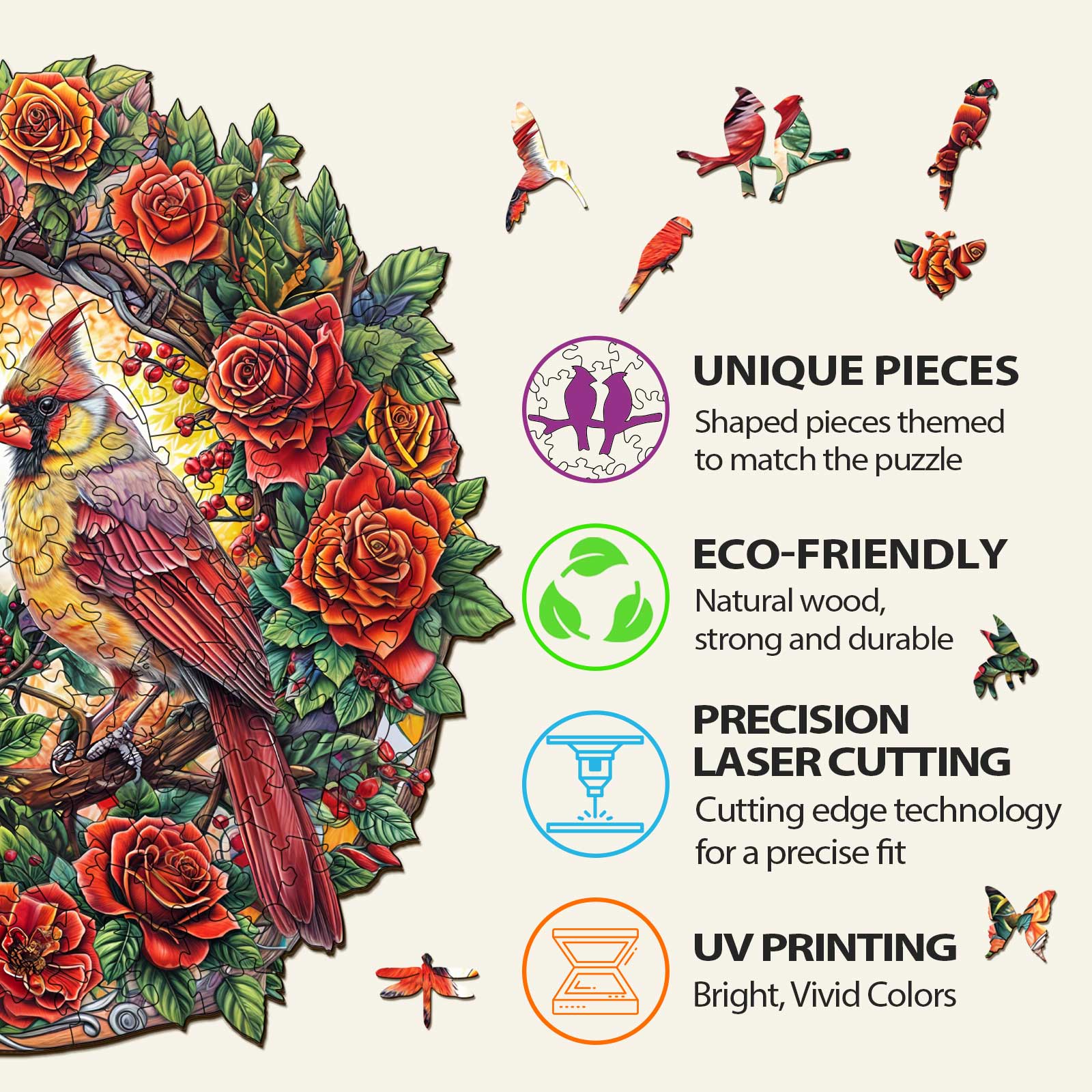 Whimsical Wooden Jigsaw Puzzle- Rose Cardinal