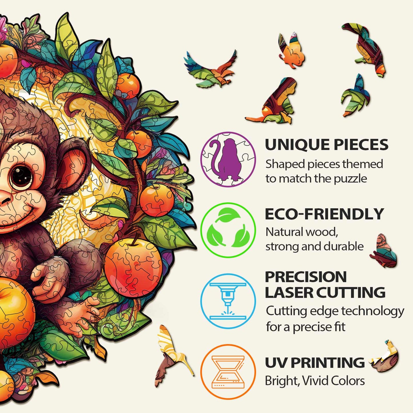 Whimsical Wooden Jigsaw Puzzle-happy monkey