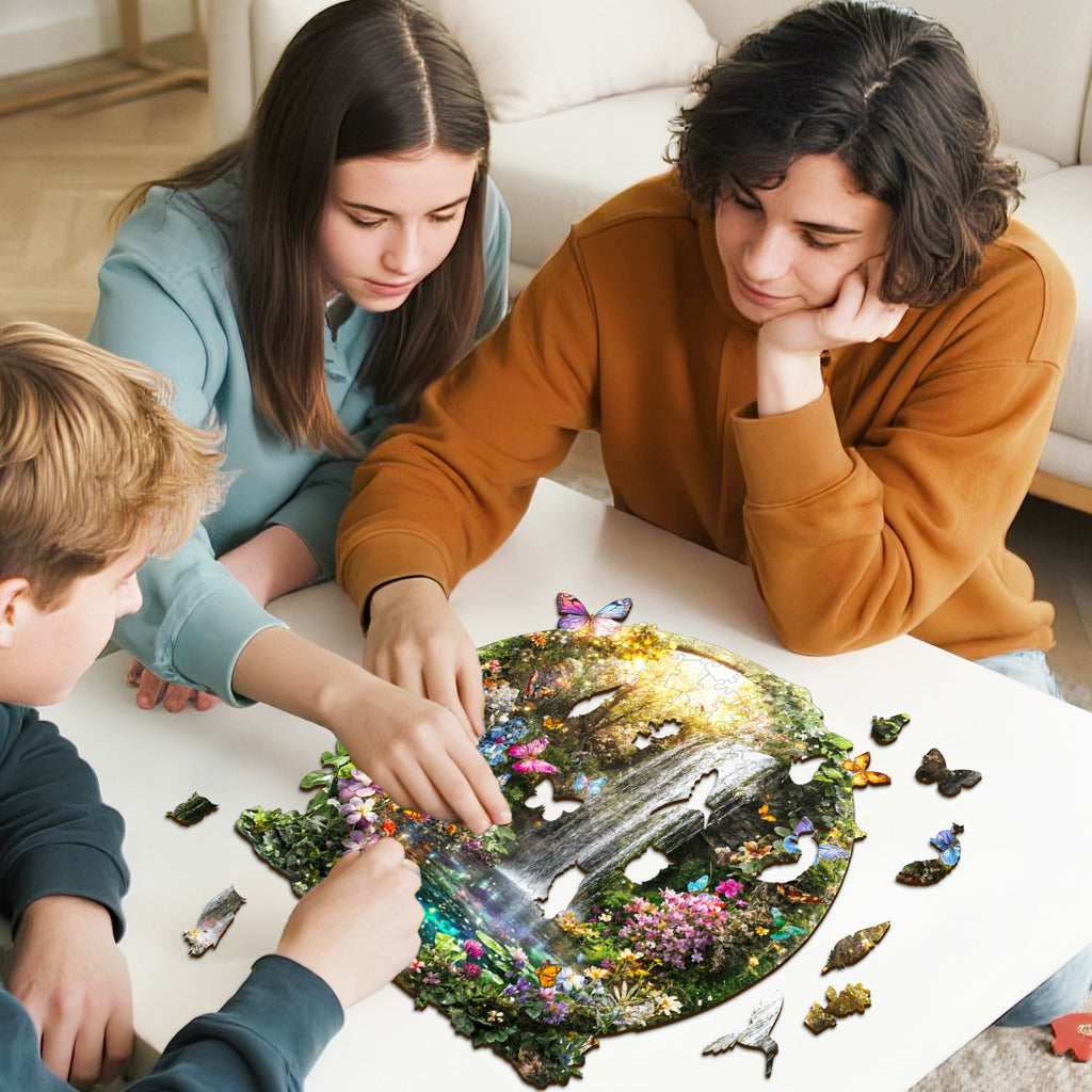 Puzzle en bois fantaisiste - Papillons et cascades