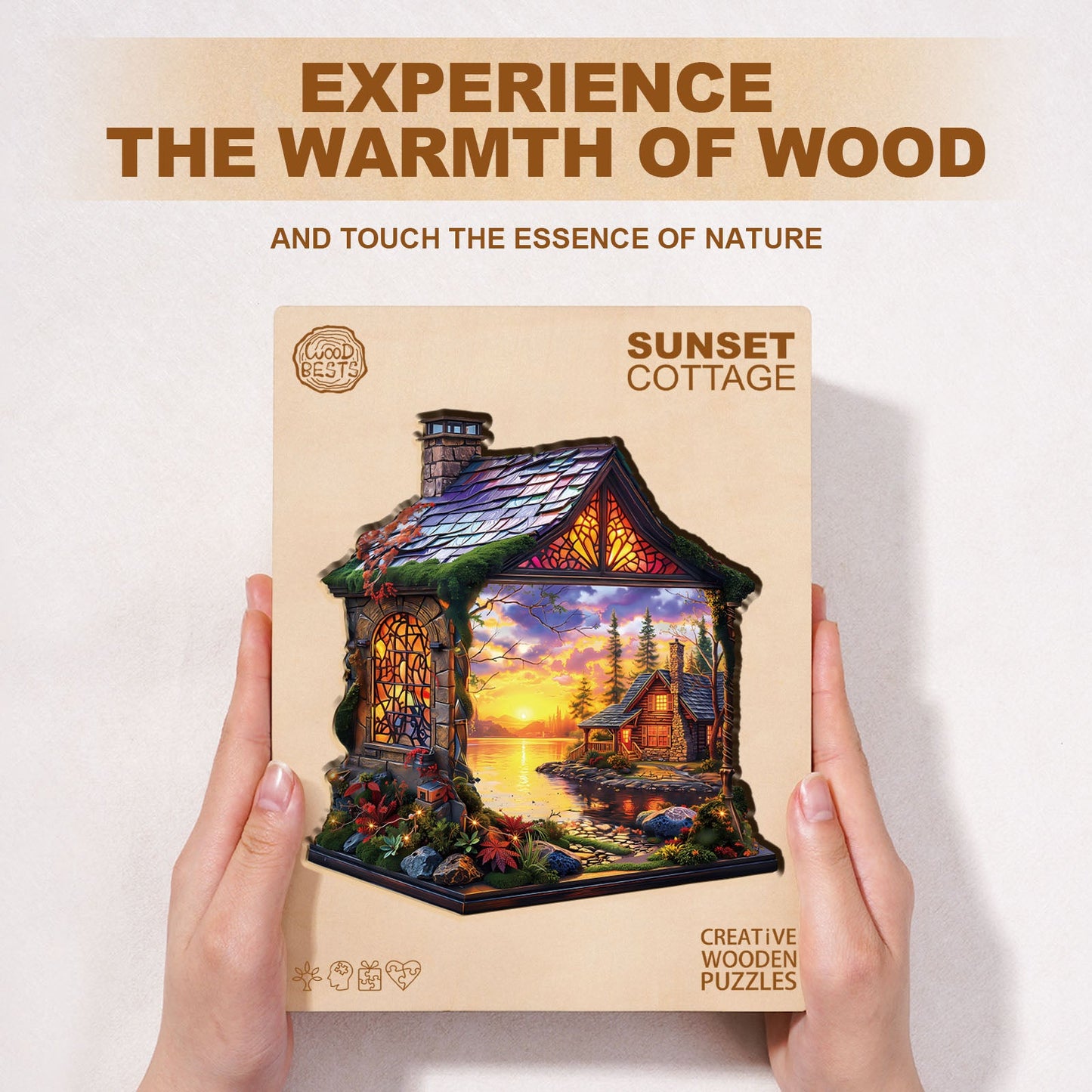 Verträumtes Holzpuzzle – Sonnenuntergang-Häuschen