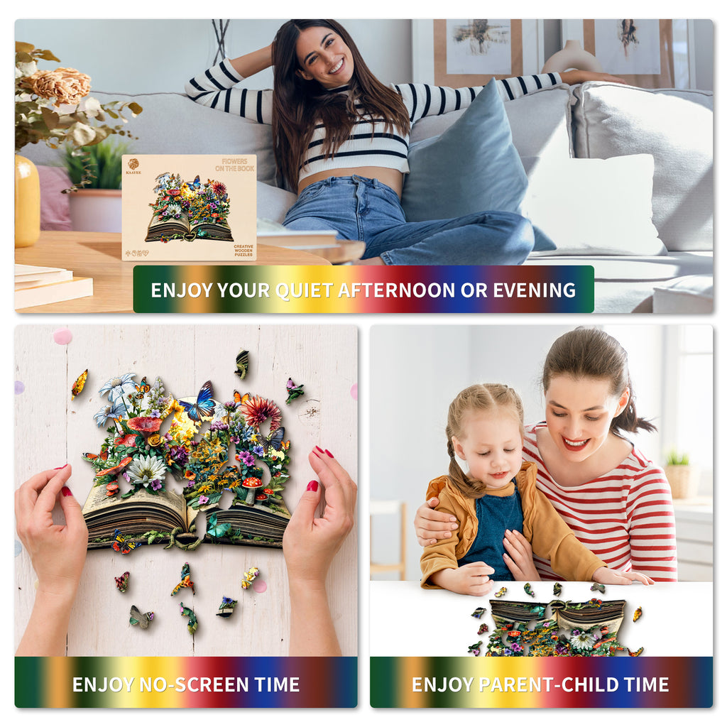 Puzzle en bois fantaisie - Fleurs sur le livre
