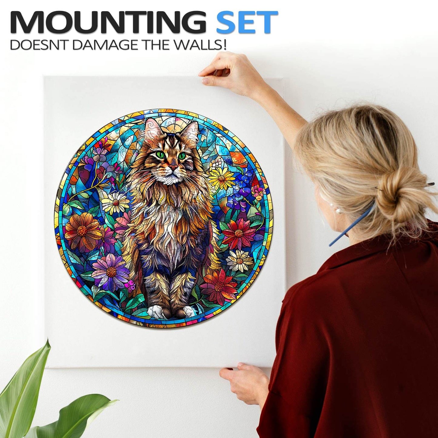 Launisches Holzpuzzle - Buntglas Maine Coon