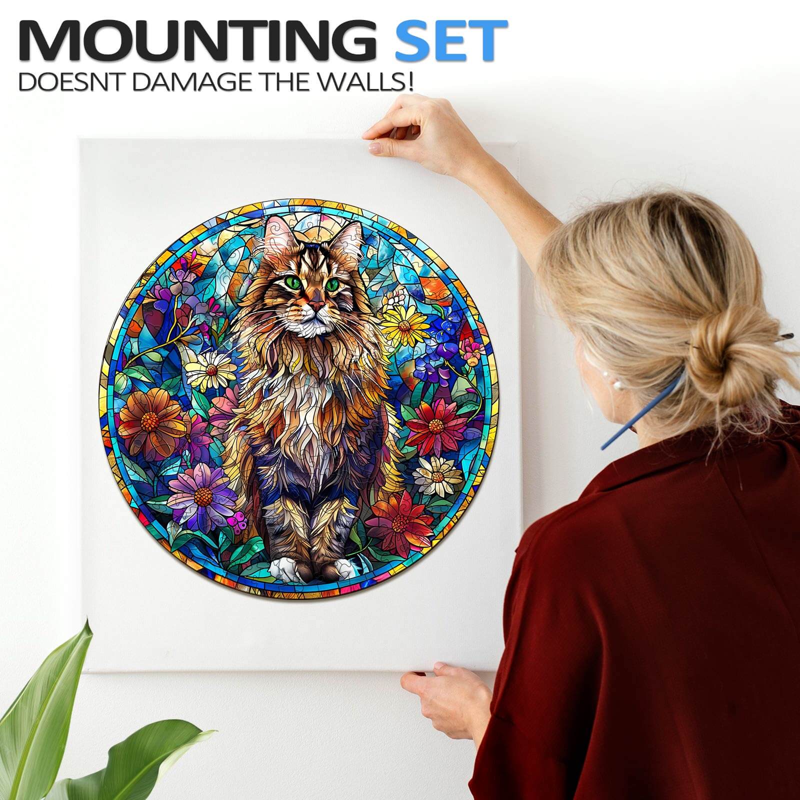 Whimsical Wooden Jigsaw Puzzle- Stained Glass Maine Coon