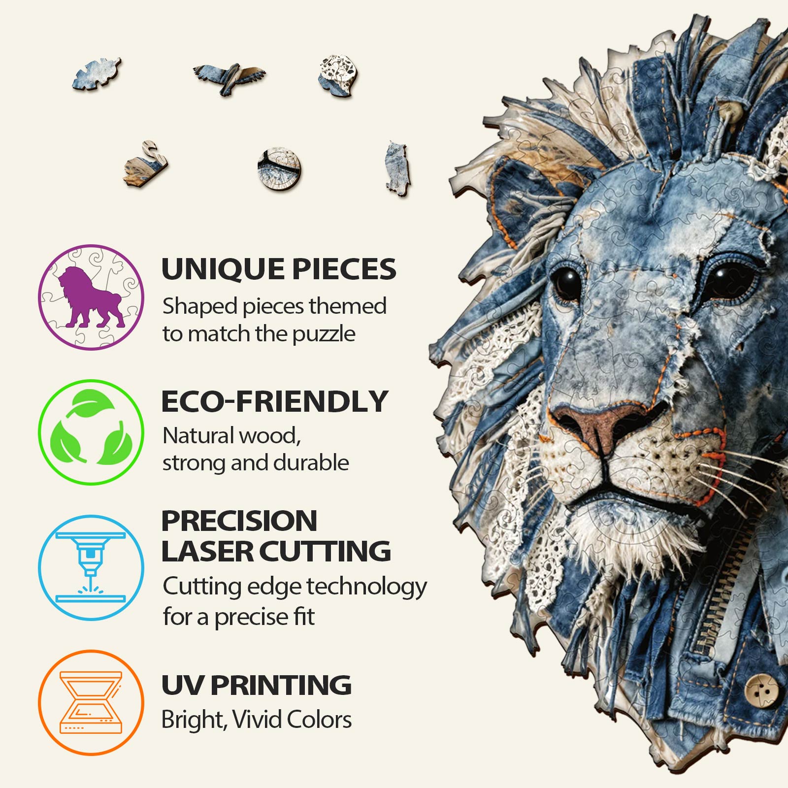 Whimsical Wooden Jigsaw Puzzle-Denim fabric lion
