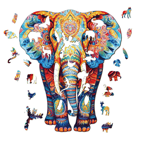 Whimsical Wooden Jigsaw Puzzle- Orange Elephant