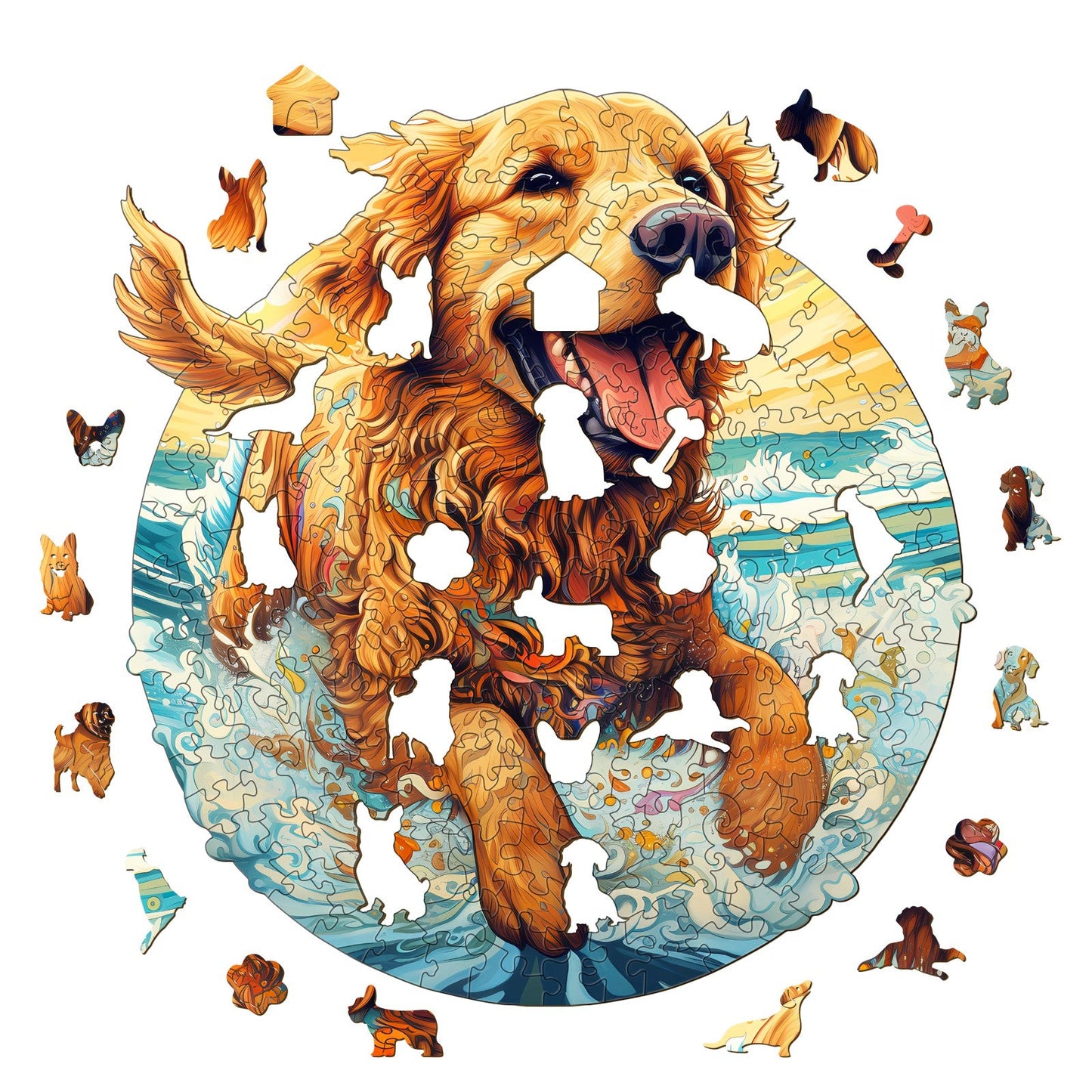 Verschmitztes Holz-Puzzle – fröhlicher Golden Retriever