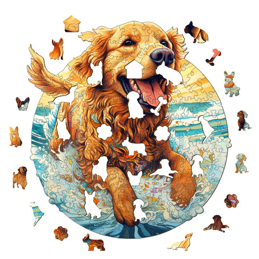 Whimsical Wooden Jigsaw Puzzle- happy golden retriever
