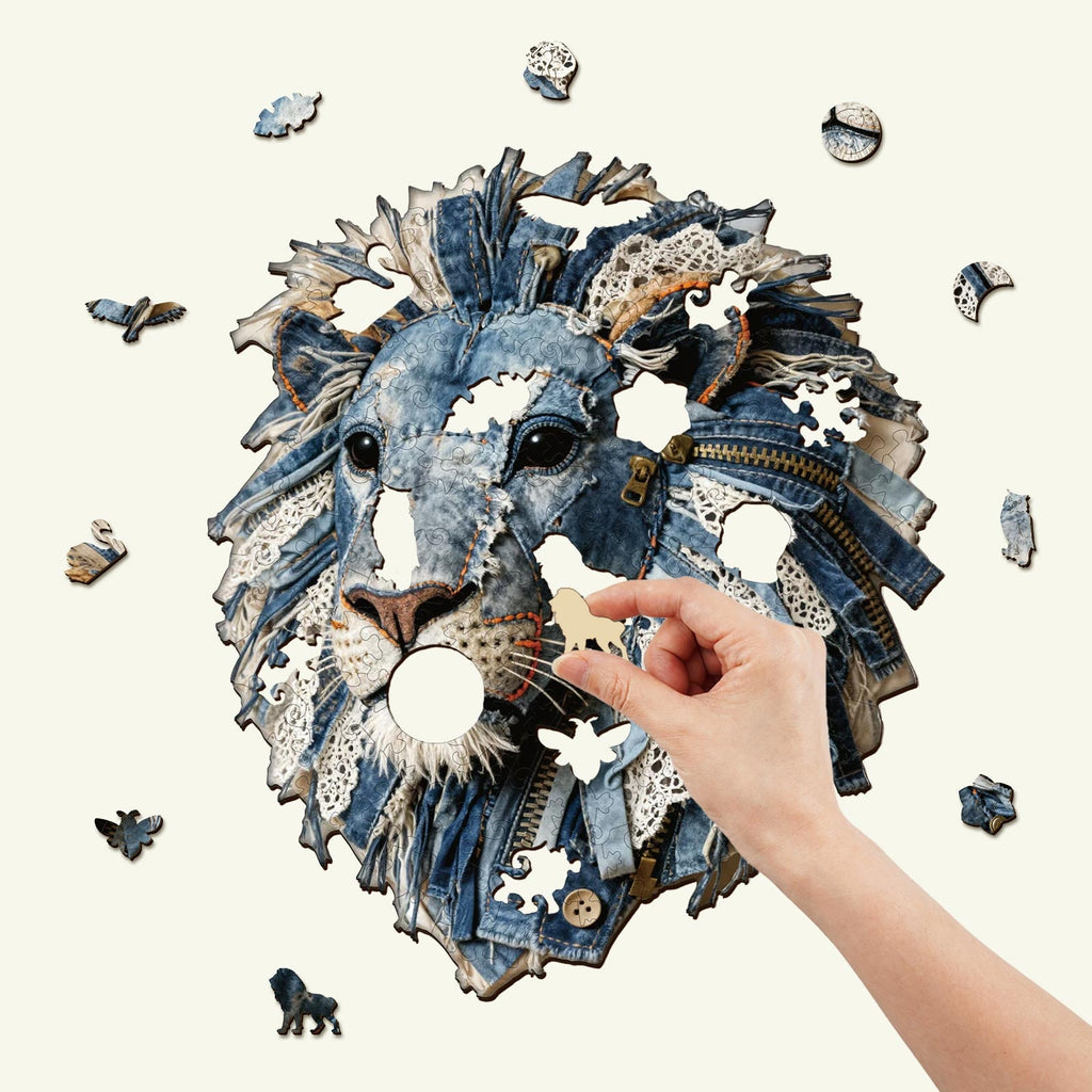 Whimsical Wooden Jigsaw Puzzle-Denim fabric lion