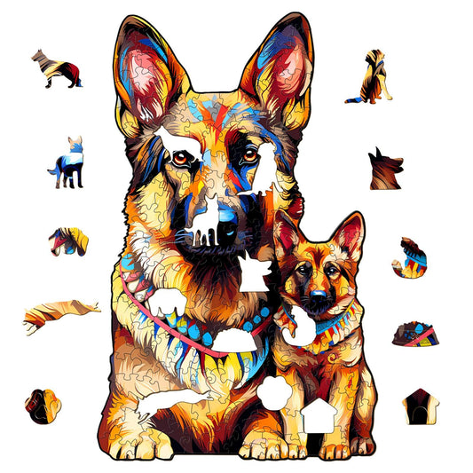 Whimsical Wooden Jigsaw Puzzle- German Shepherd Family