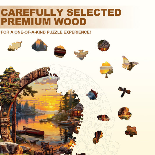 Puzzle en bois fantaisiste - Coucher de soleil sur le lac