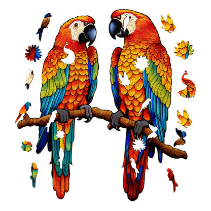 Whimsical Wooden Jigsaw Puzzle-Chatting Parrots