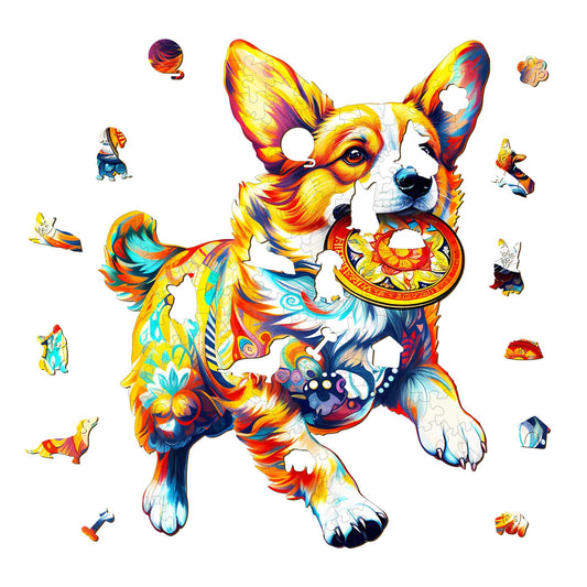 Faszinierendes Holzpuzzle – Hund beim Spielen mit Spielzeug