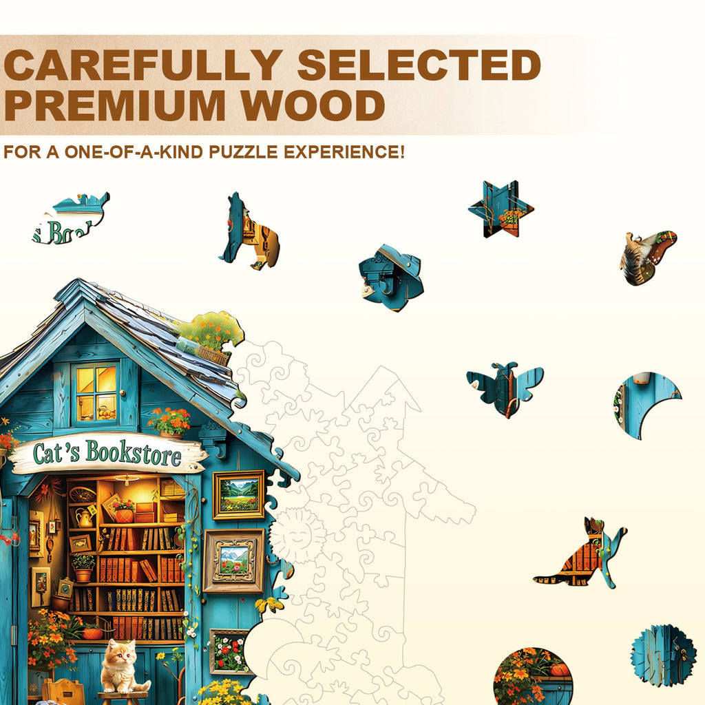 Whimsical Wooden Jigsaw Puzzle- Cat's Bookstore