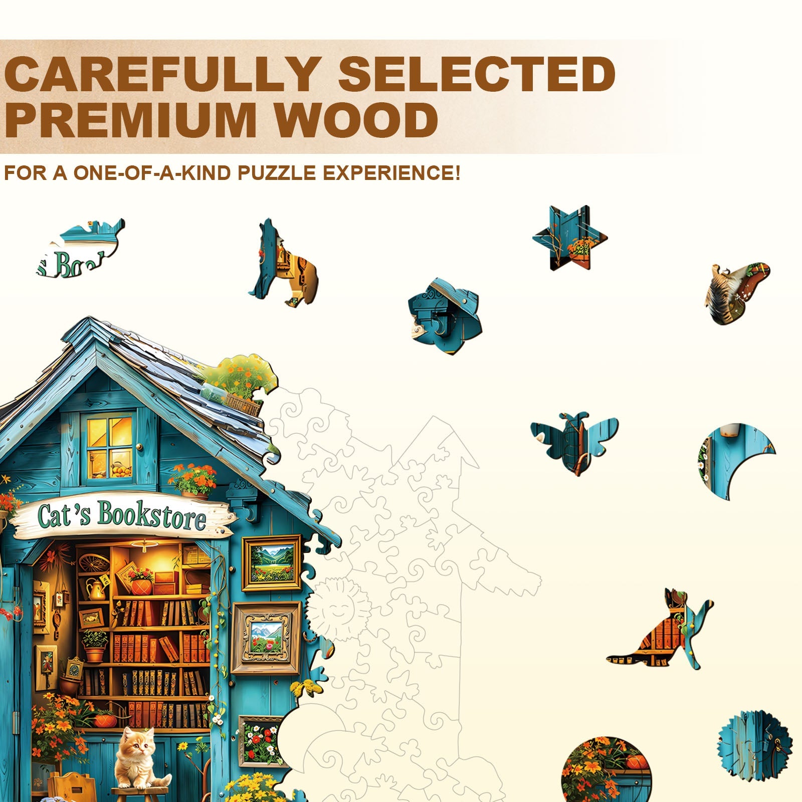 Whimsical Wooden Jigsaw Puzzle- Cat's Bookstore