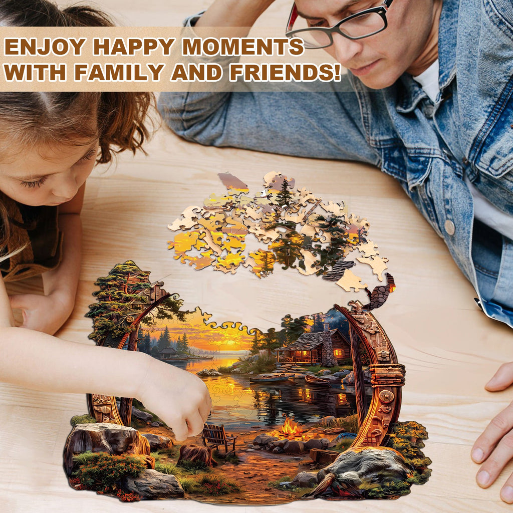 Ausgefallenes Holz-Puzzle – Sonnenuntergang am See