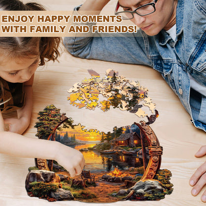 Ausgefallenes Holz-Puzzle – Sonnenuntergang am See