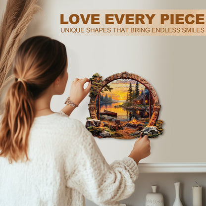 Ausgefallenes Holz-Puzzle – Sonnenuntergang am See