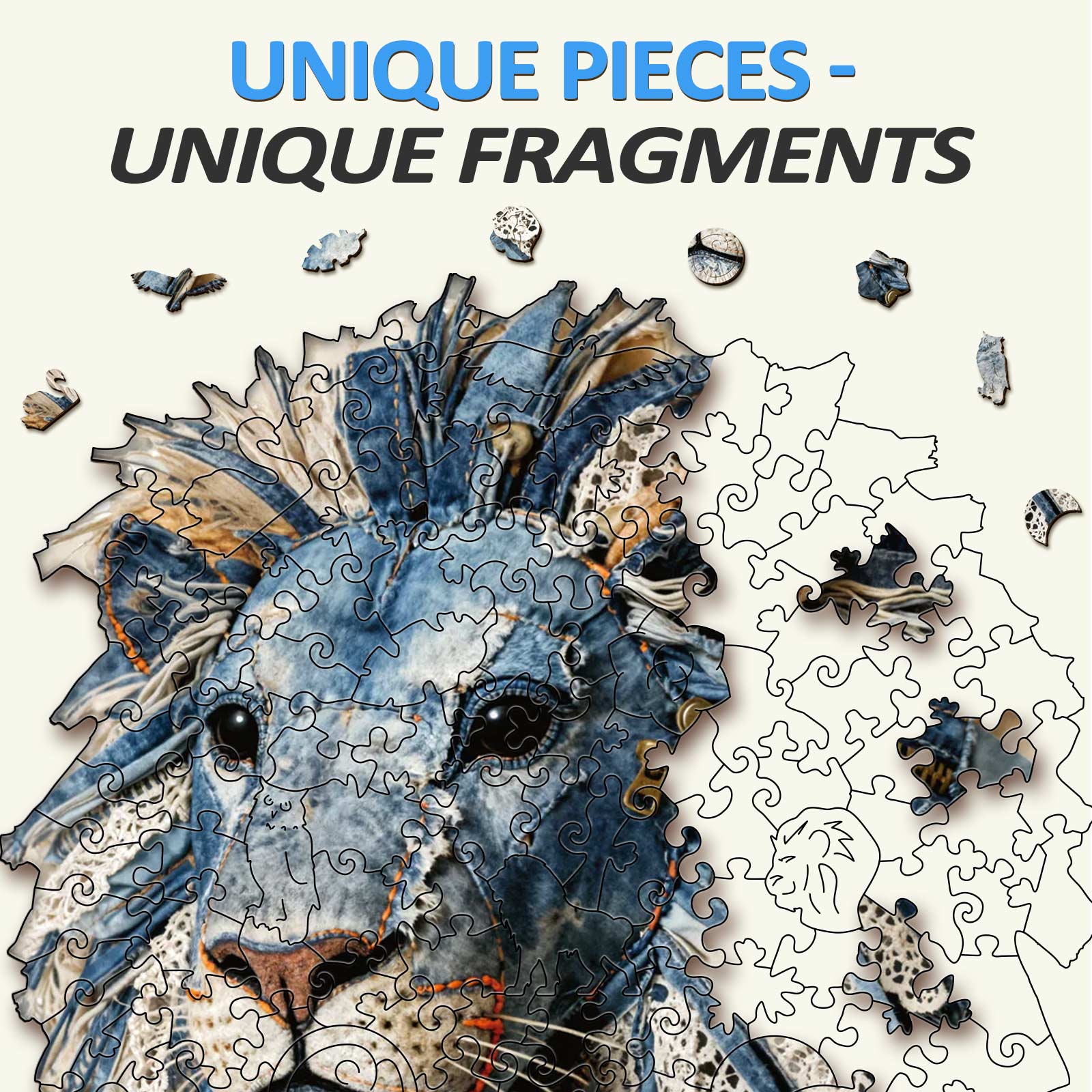 Whimsical Wooden Jigsaw Puzzle-Denim fabric lion