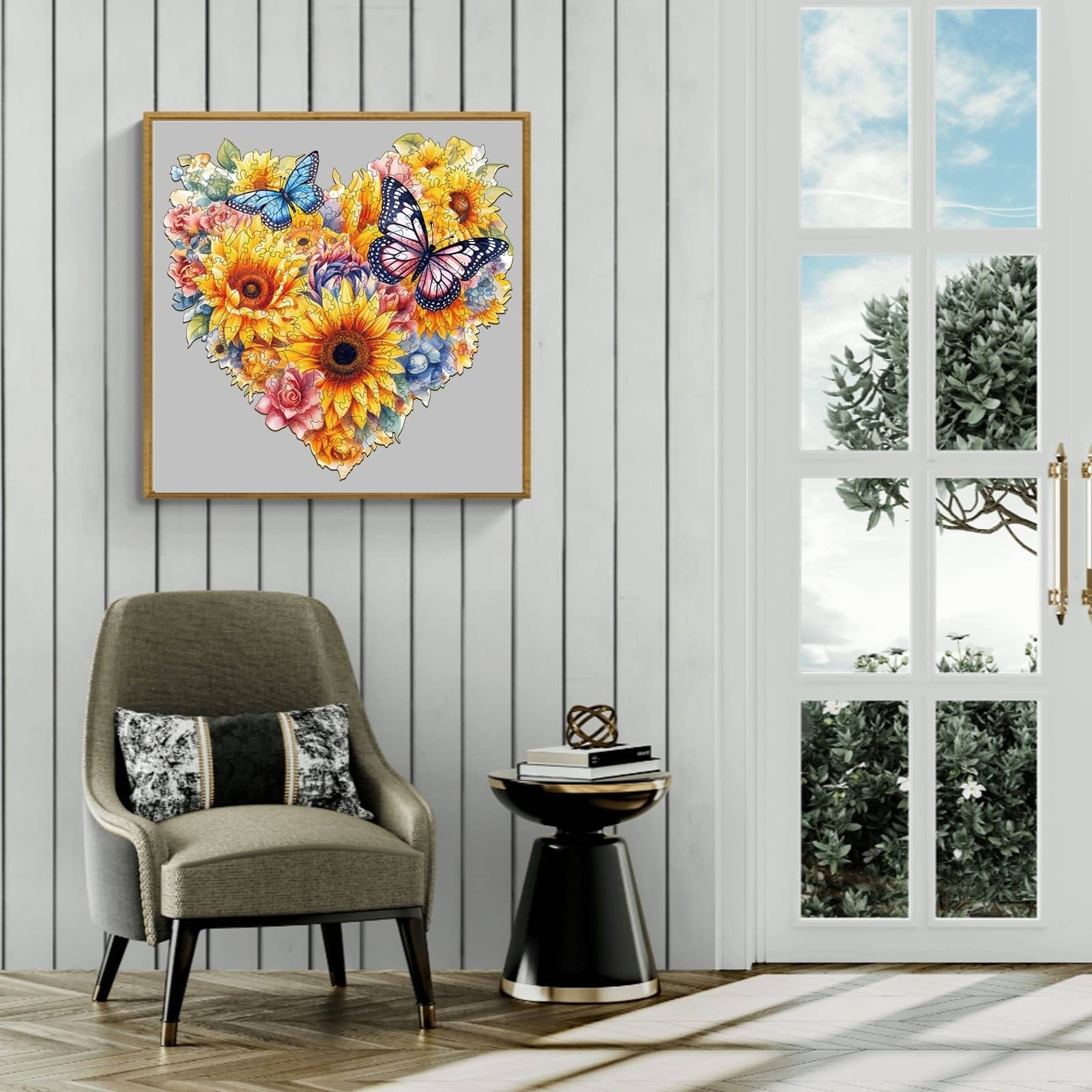 Whimsical Wooden Jigsaw Puzzle- Sunflowers and butterflies