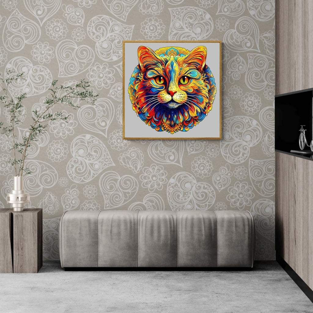 Whimsical Wooden Jigsaw Puzzle- colorful cat