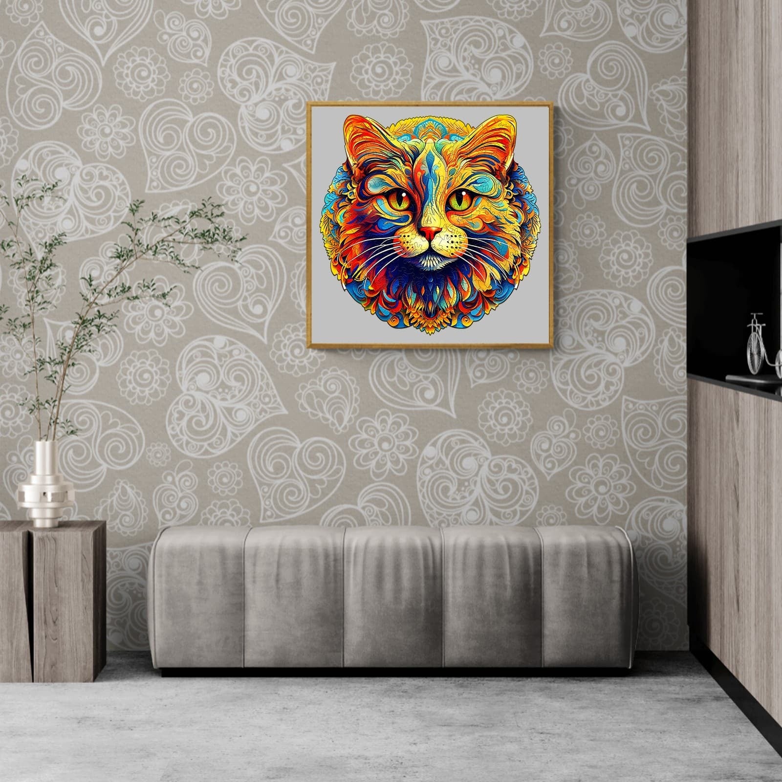 Whimsical Wooden Jigsaw Puzzle- colorful cat