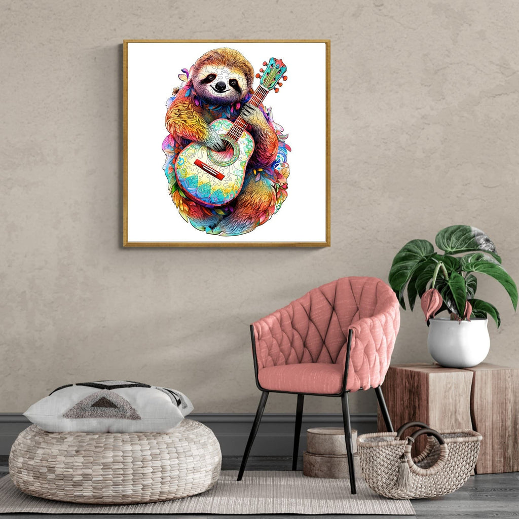 Whimsical Wooden Jigsaw Puzzle-sloth with guitar