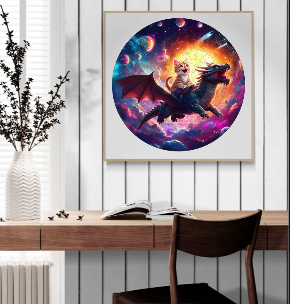 Whimsical Wooden Jigsaw Puzzle - kitten riding dragon - pickApuzzle