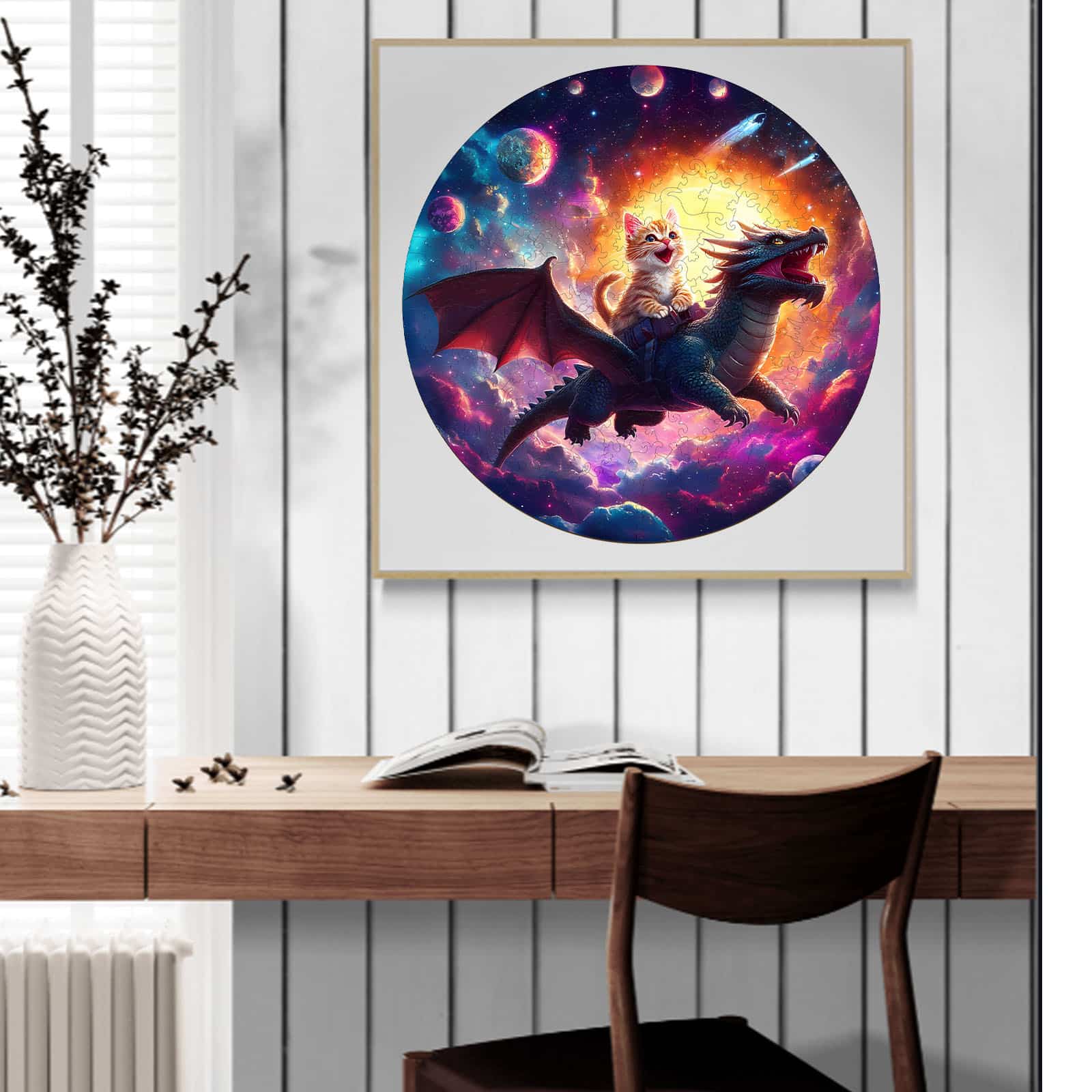 Whimsical Wooden Jigsaw Puzzle - kitten riding dragon - pickApuzzle