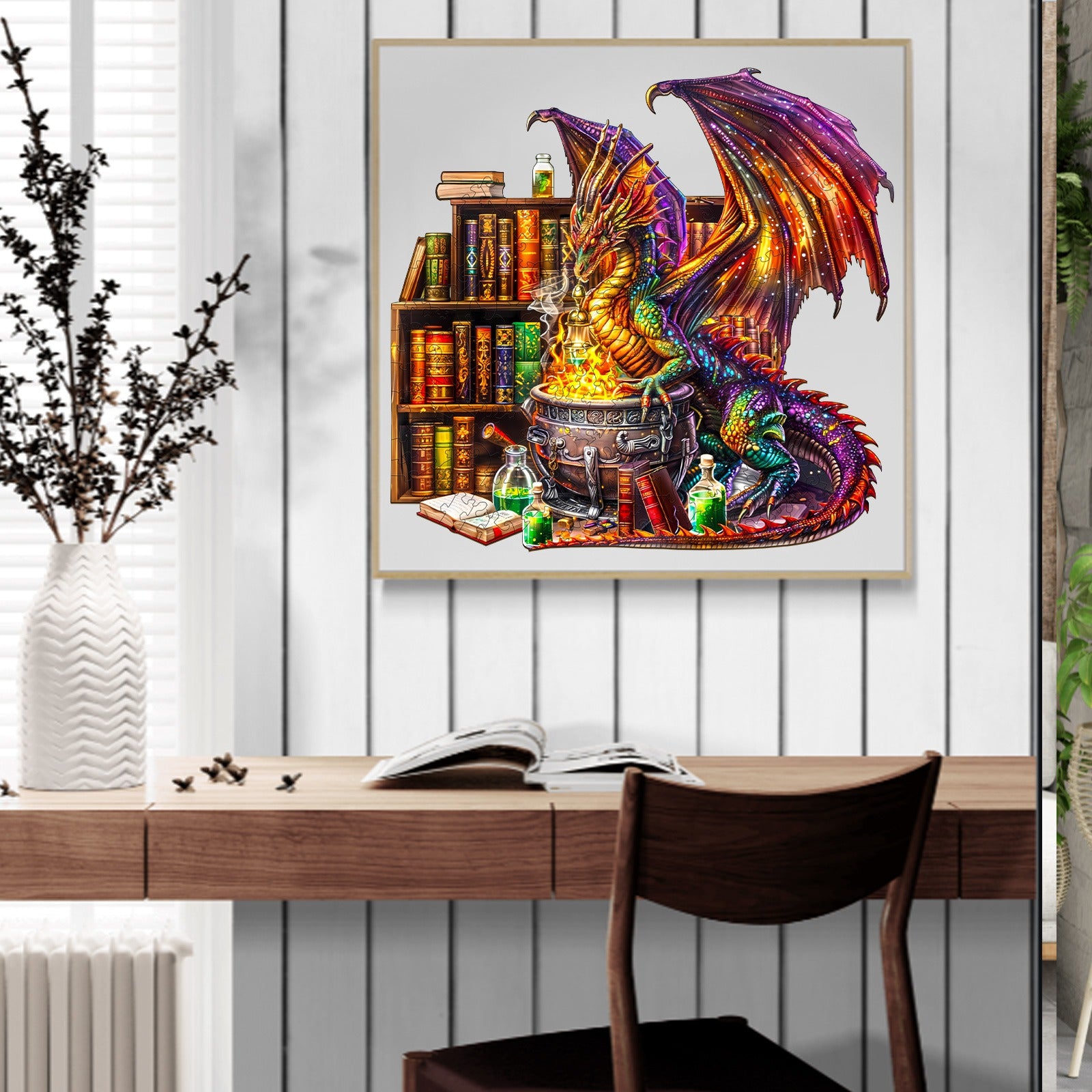 Whimsical Wooden Jigsaw Puzzle-  dragon magic potion