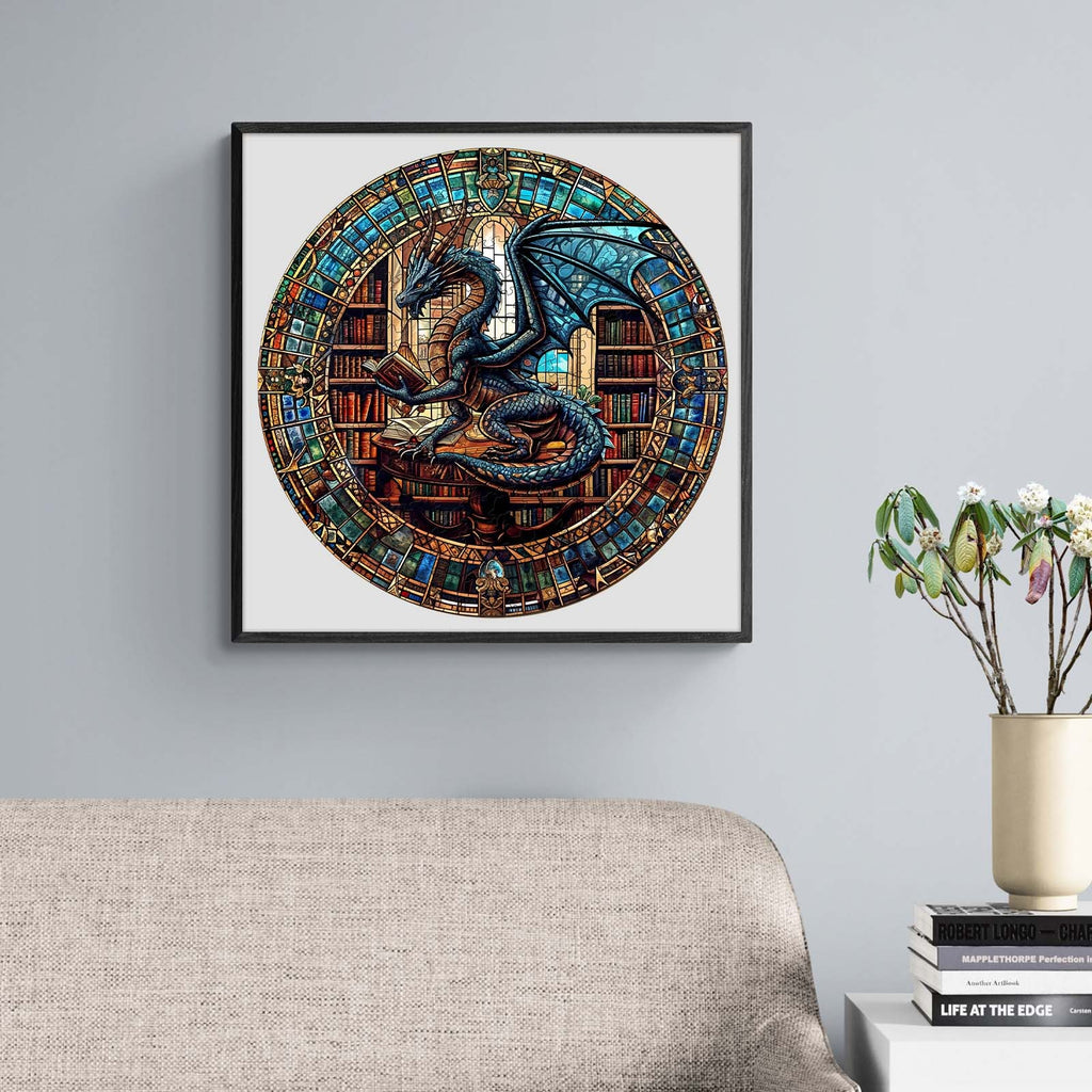 Whimsical Wooden Jigsaw Puzzle- The Dragon's Library