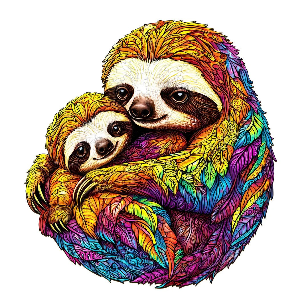 Whimsical Wooden Jigsaw Puzzle- Parent-child Sloth Main image