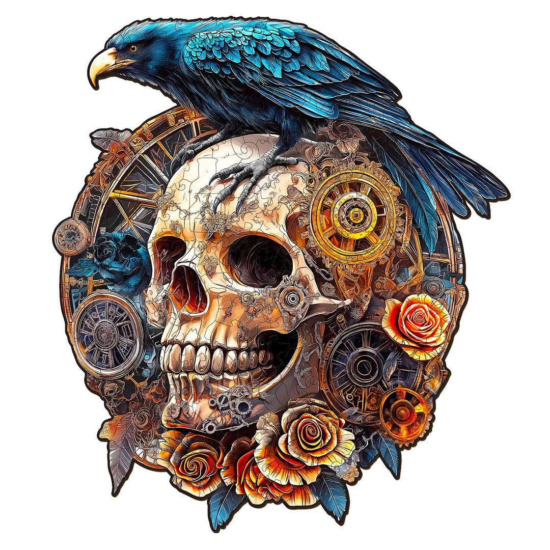 Whimsical Wooden Jigsaw Puzzle-Mechanical Skull & Raven Main image