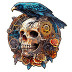 Whimsical Wooden Jigsaw Puzzle-Mechanical Skull & Raven