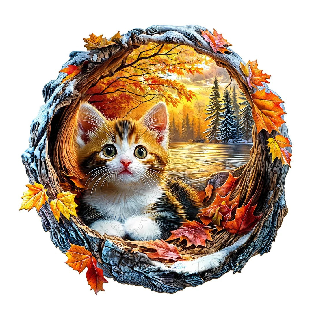 Whimsical Wooden Jigsaw Puzzle- Kitten in autumn