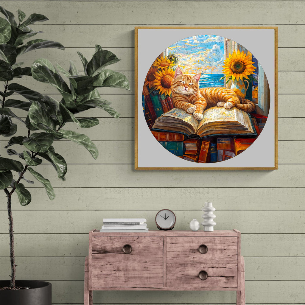 Whimsical Wooden Jigsaw Puzzle - Lazy orange cat - pickApuzzle