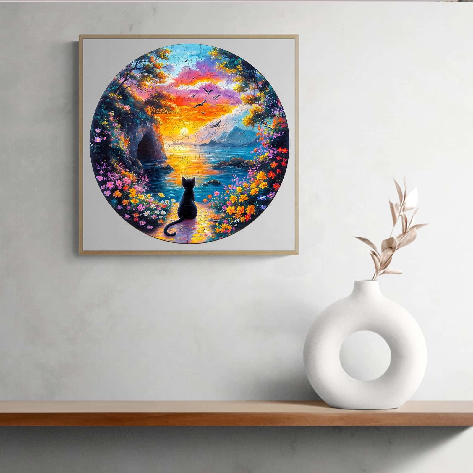 Whimsical Wooden Jigsaw Puzzle- Sunset kitten