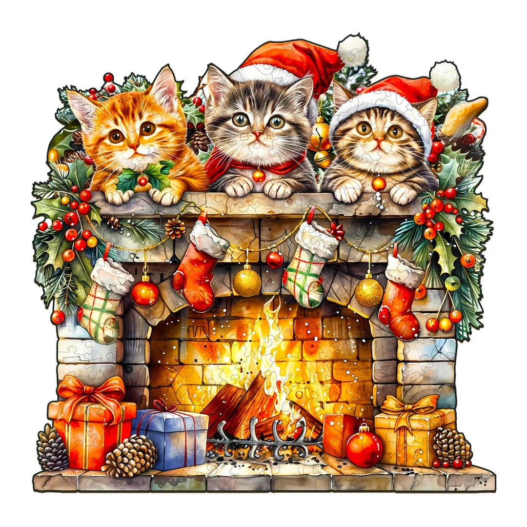 Whimsical Wooden Jigsaw Puzzle- fireplace kitten Main image