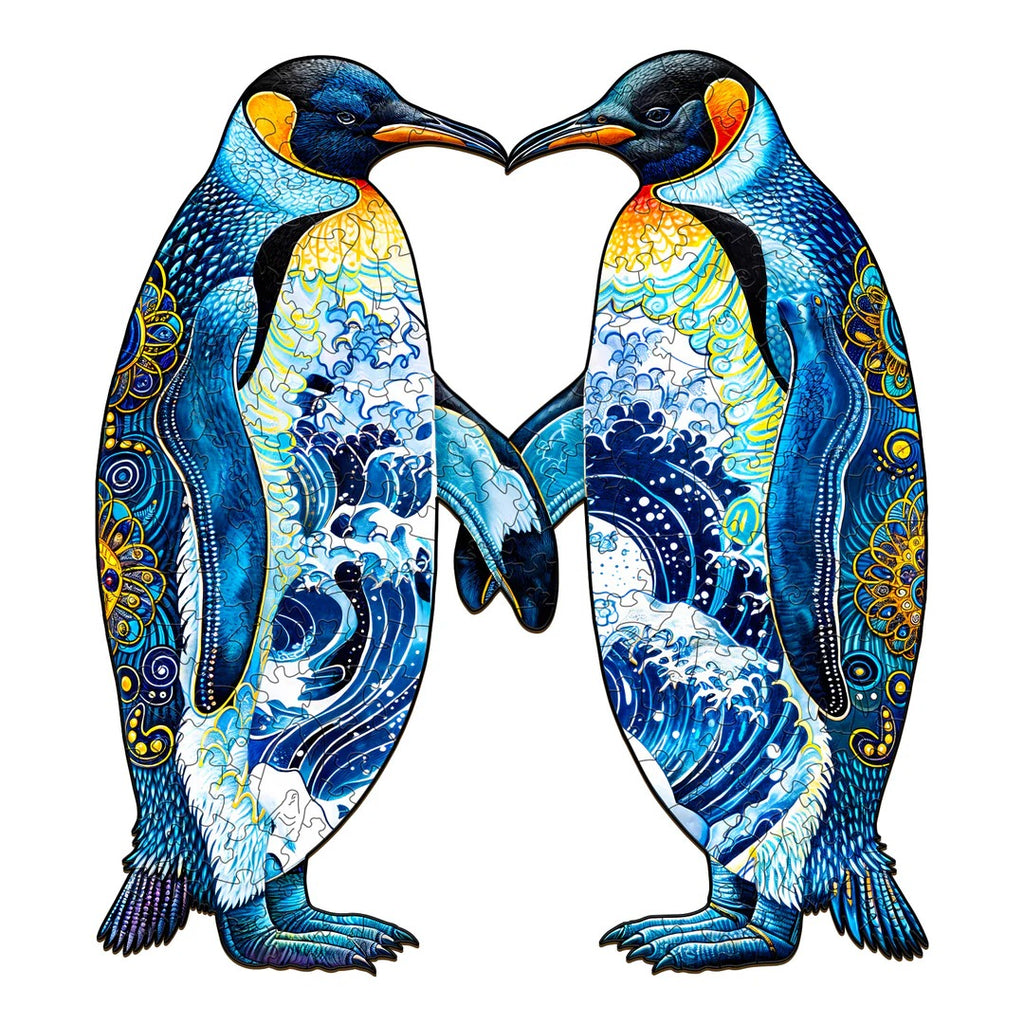 Whimsical Wooden Jigsaw Puzzle- couple penguins