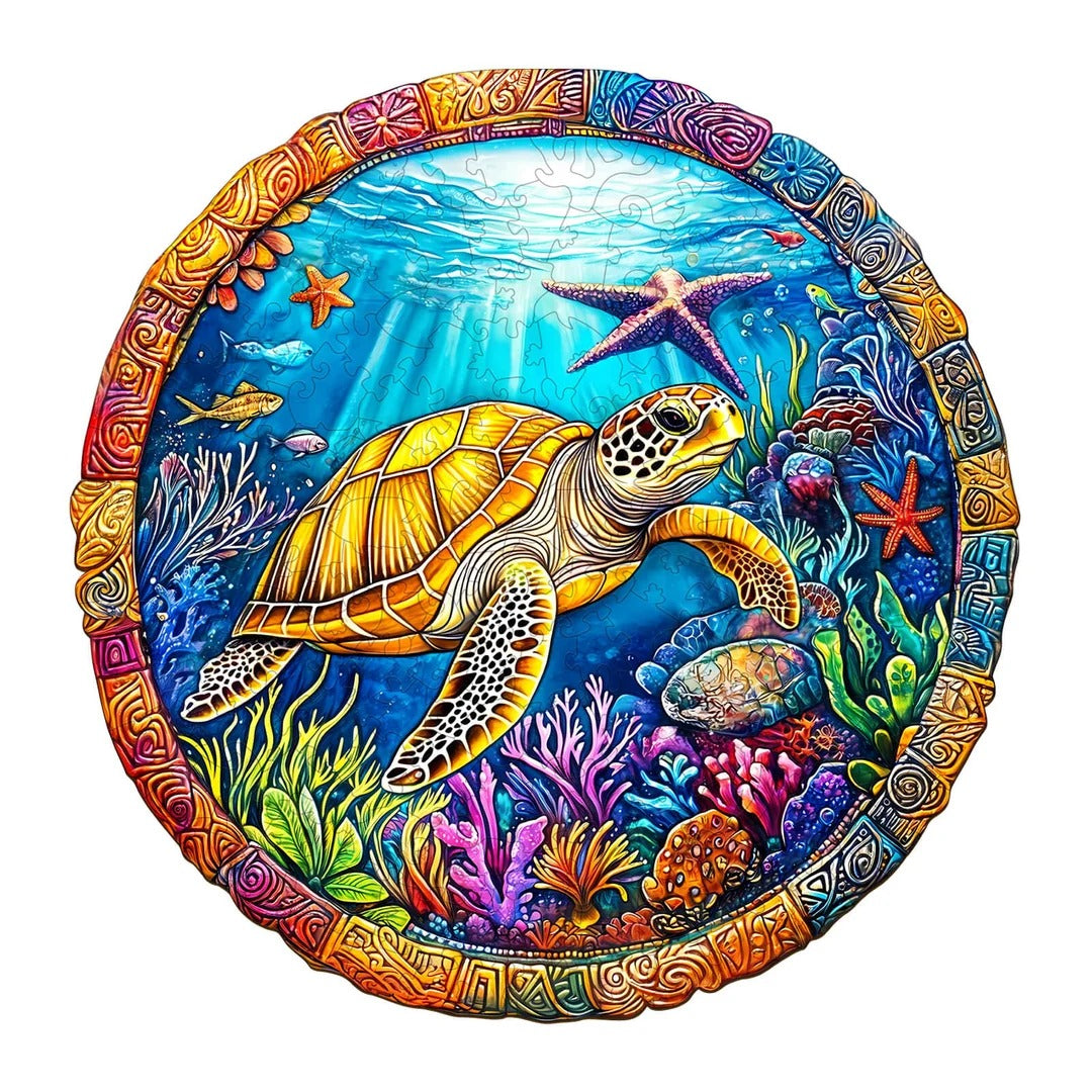 Whimsical Wooden Jigsaw Puzzle- retro turtle