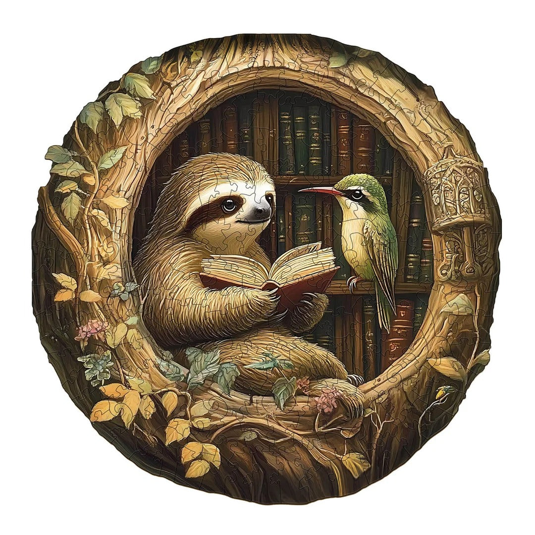 Whimsical Wooden Jigsaw Puzzle- Zoological library Main image