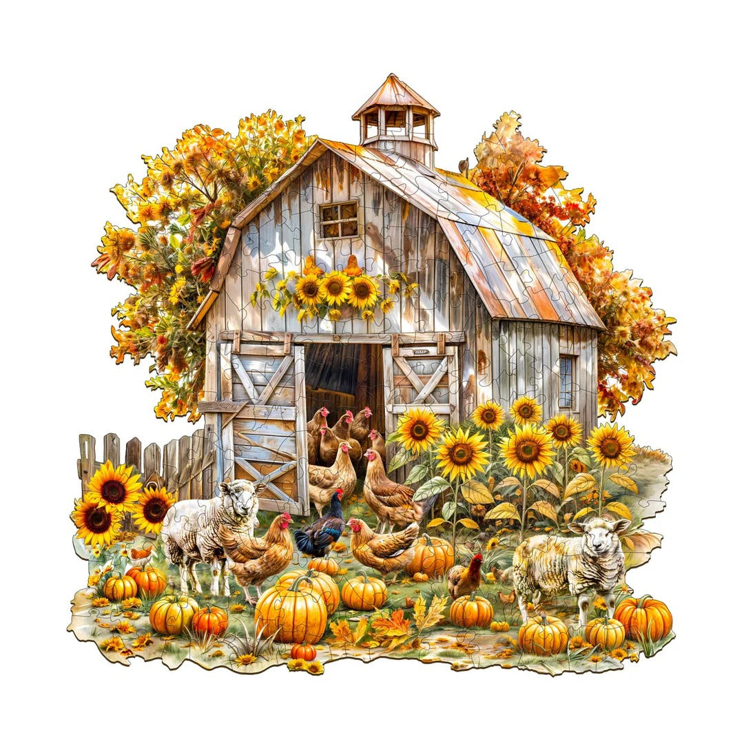 Whimsical Wooden Jigsaw Puzzle- autumn farm