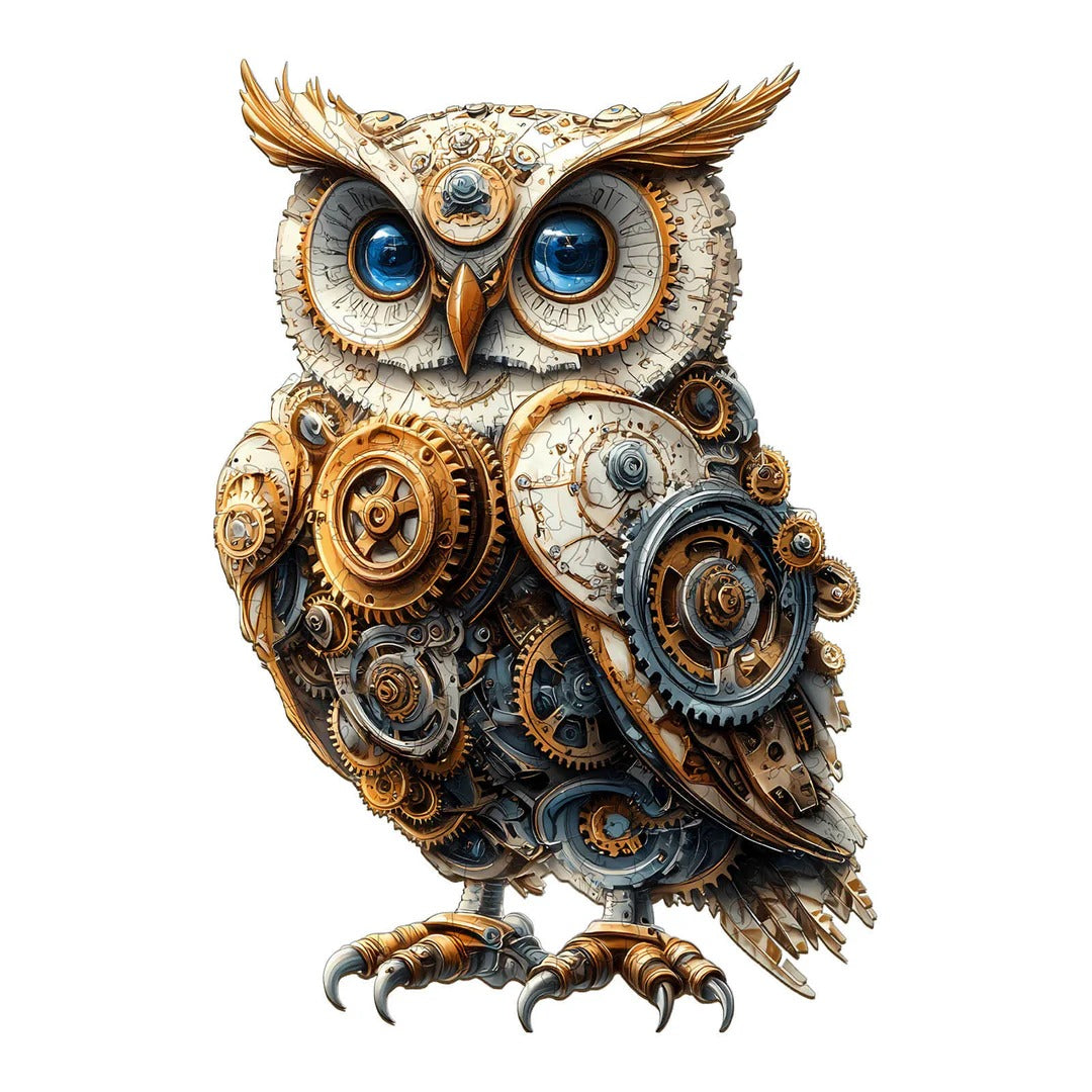 Whimsical Wooden Jigsaw Puzzle- Mechanical owl Main image