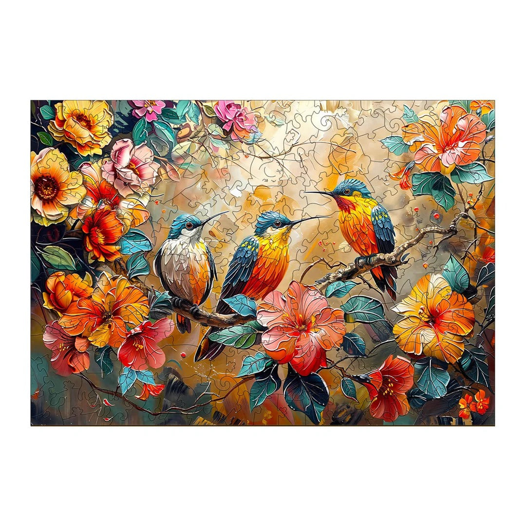 Whimsical Wooden Jigsaw Puzzle-Hummingbird Garden Main image