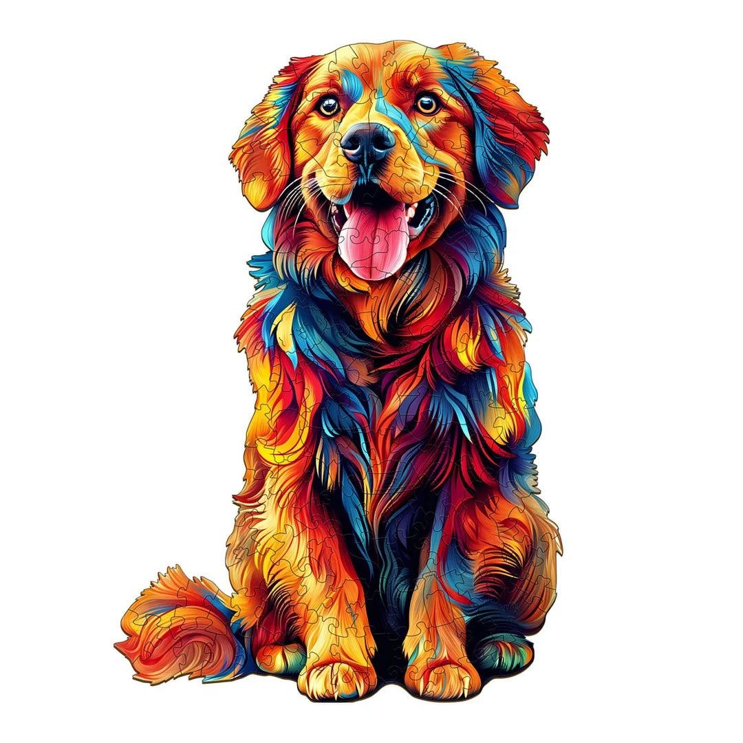 Whimsical Wooden Jigsaw Puzzle- Colorful golden retriever Main image
