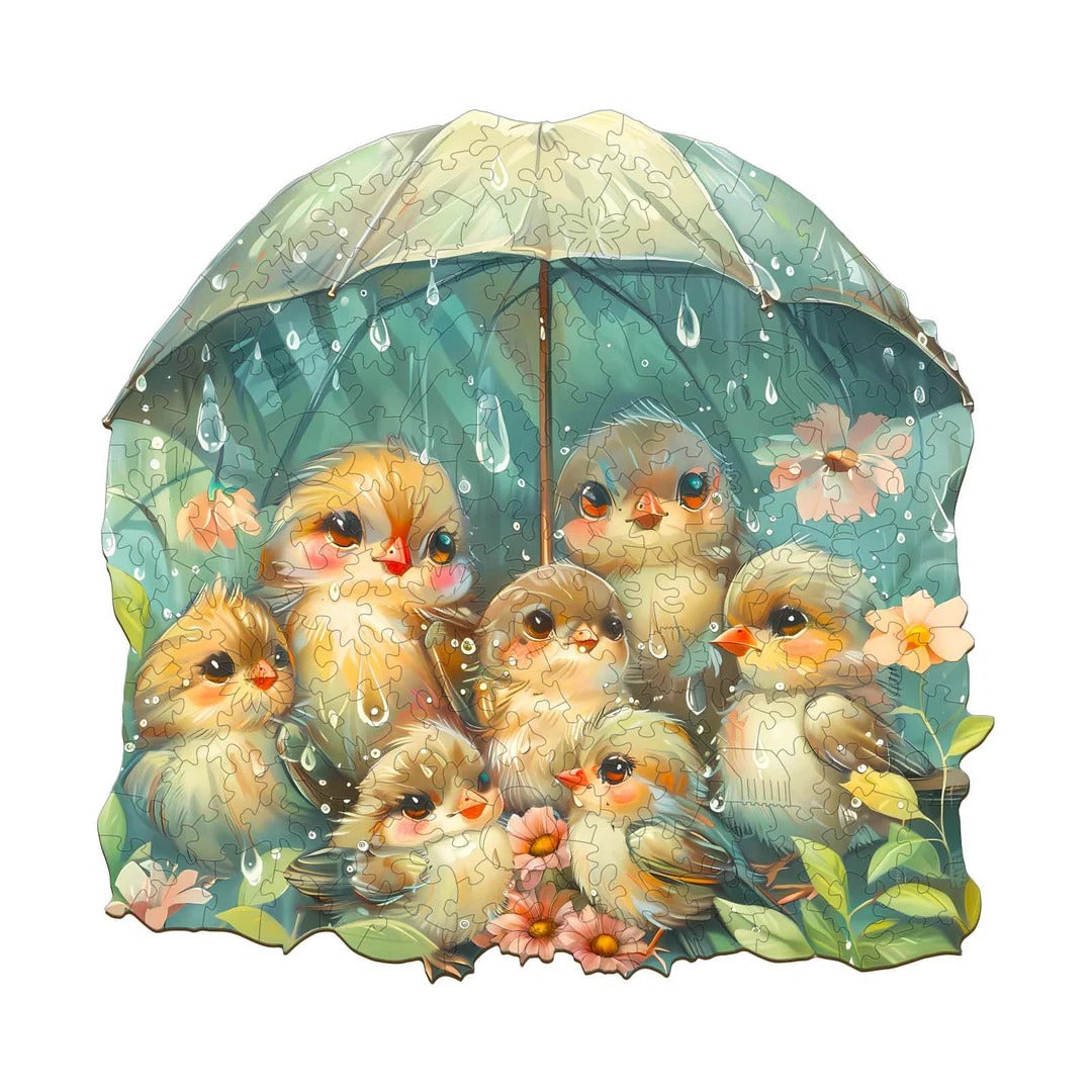 Whimsical Wooden Jigsaw Puzzle- bird holding umbrella