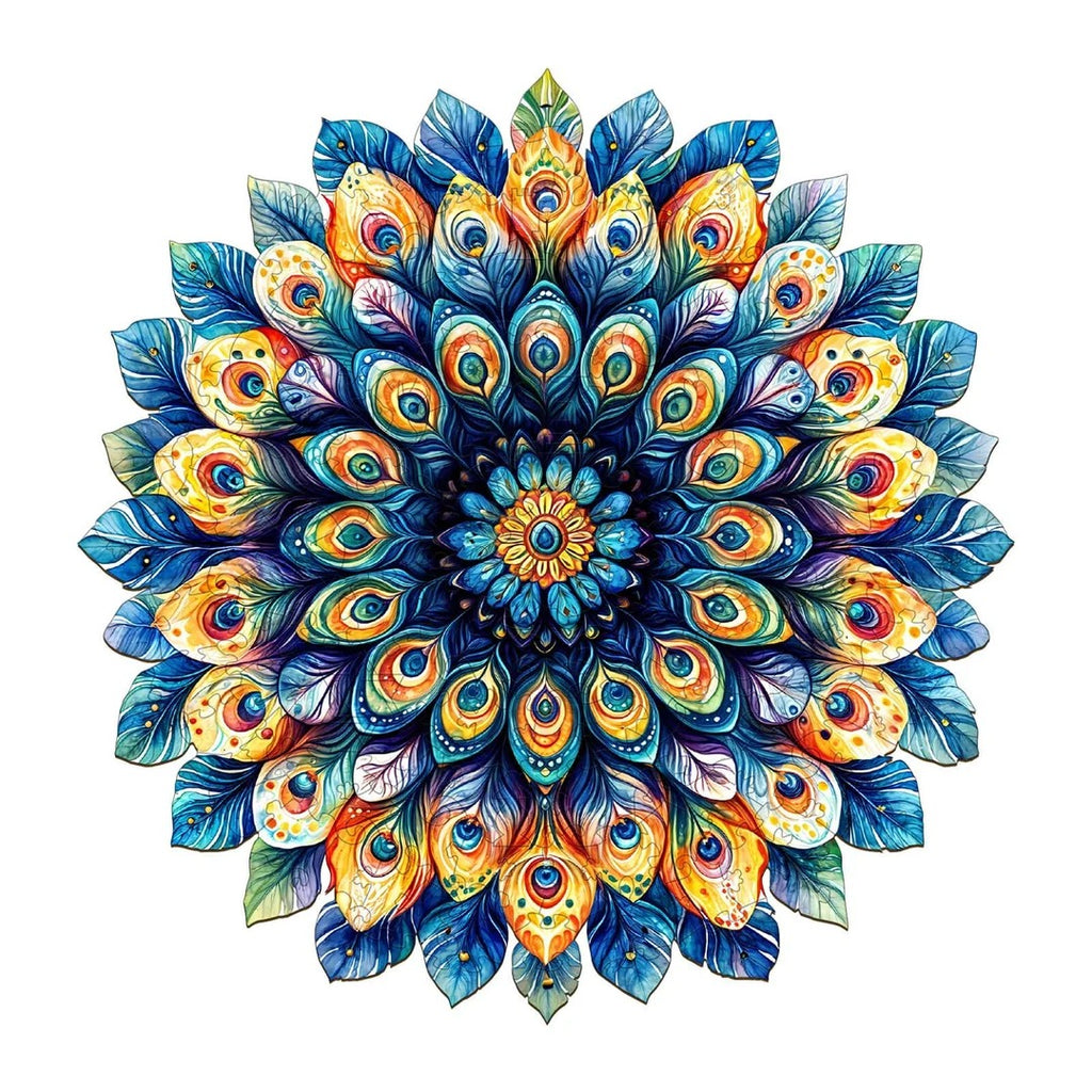 Whimsical Wooden Jigsaw Puzzle- Peacock Feather Mandala
